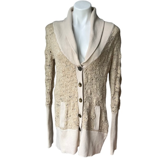 Free People Sweaters - Free People Wool Blend Chunky Knit Brass Button Oatmeal Grandpa Cardigan…
